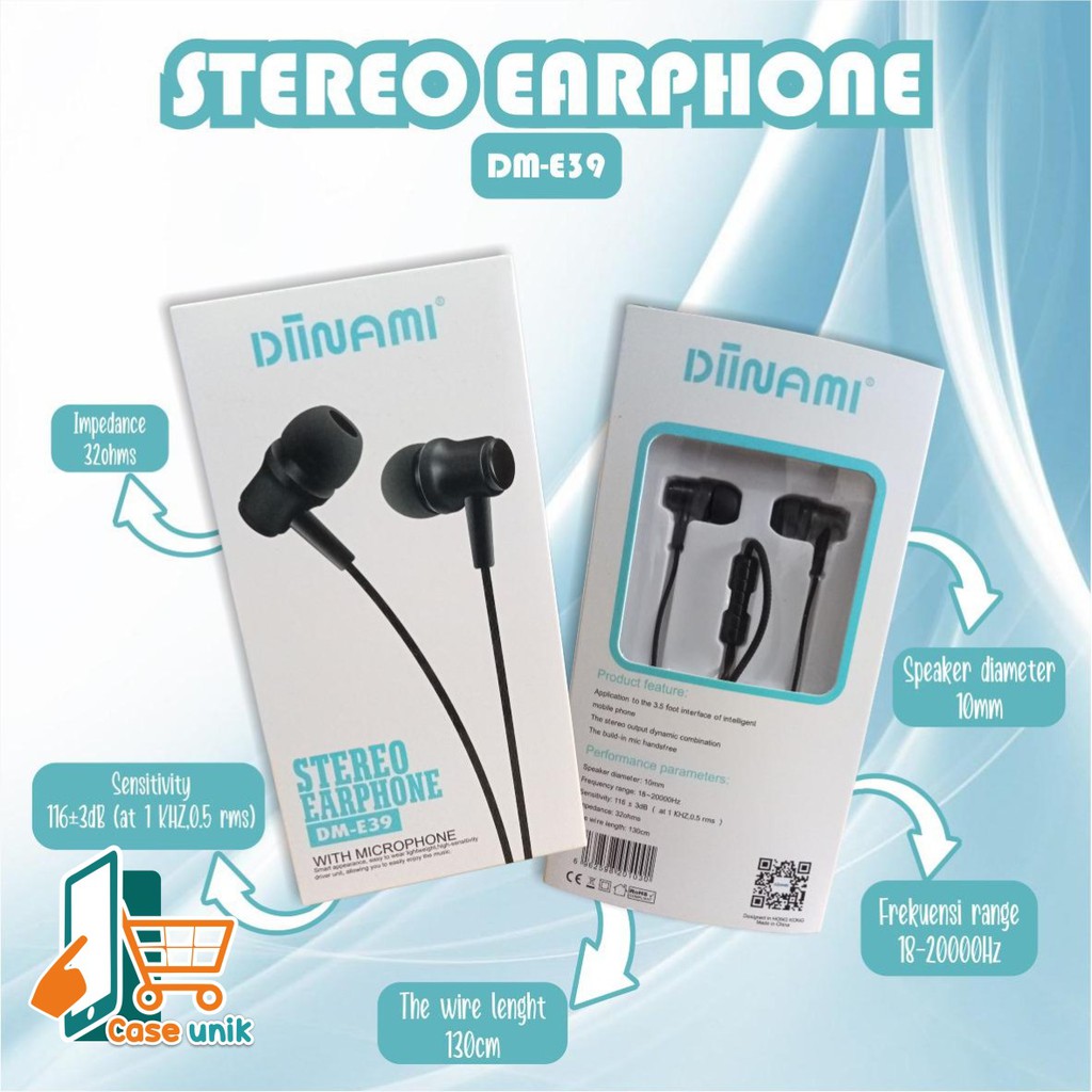 BM031 Headset DIINAMI E39 stereo Earphone Bass Android iPhone Original With MIC - Garansi 1 Tahun CS3016