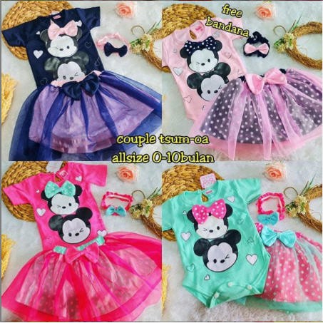 Baju Bayi Perempuan Setelan Jumper Rok Bonus Bandana Tsum Tsum