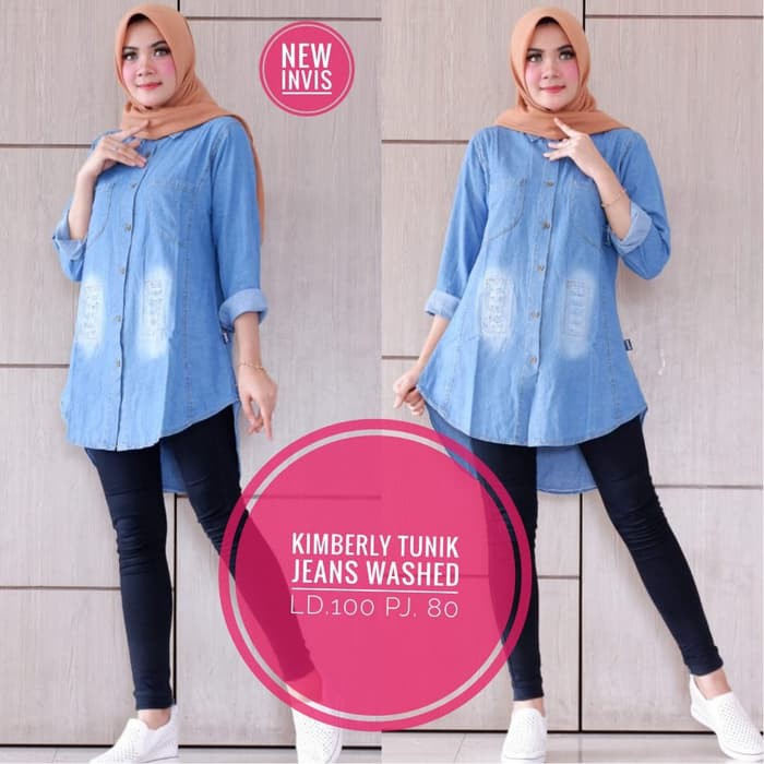 PROMO DISCOUNT BAJU ATASAN WANITA KULIAH  kimberly tunik jeans biru muda