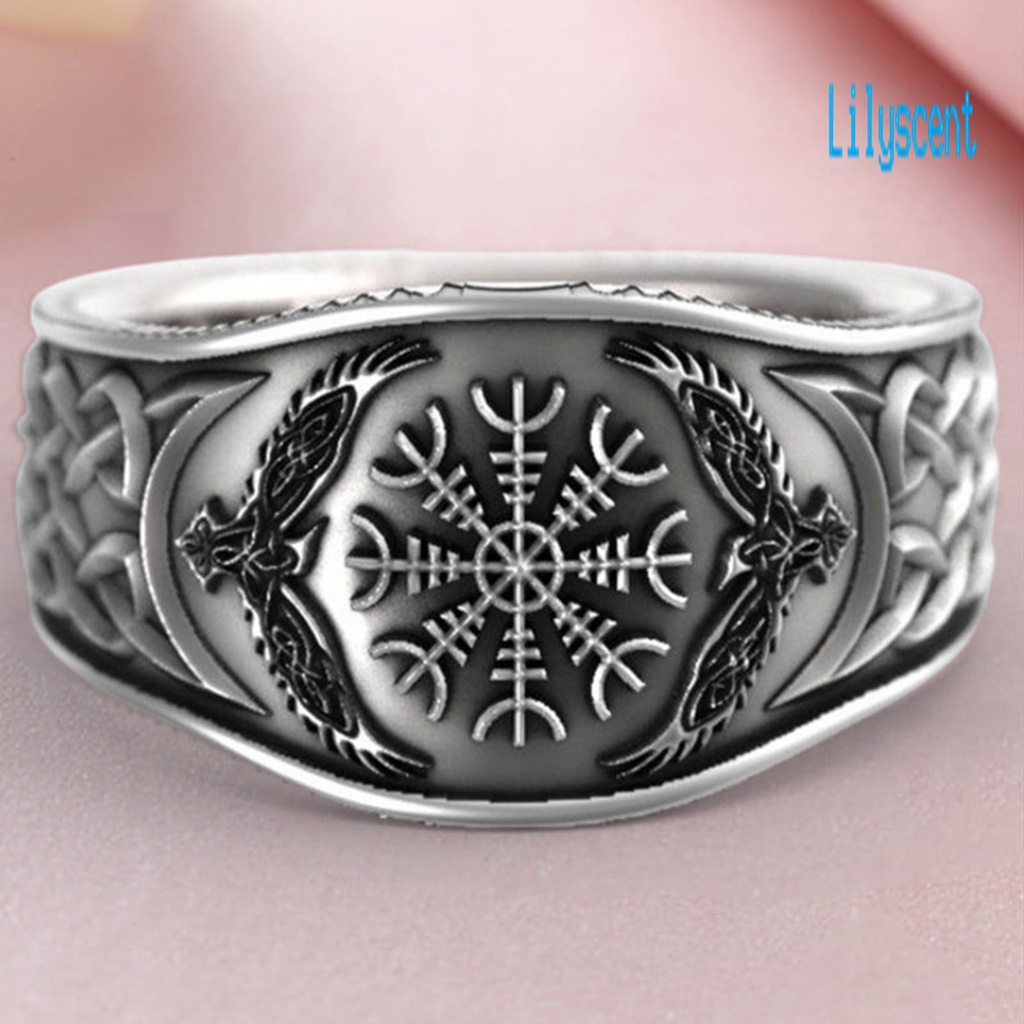 Lily Cincin Lebar Motif Ukiran Elang Kompas Bahan Alloy Warna Silver Untuk Pria