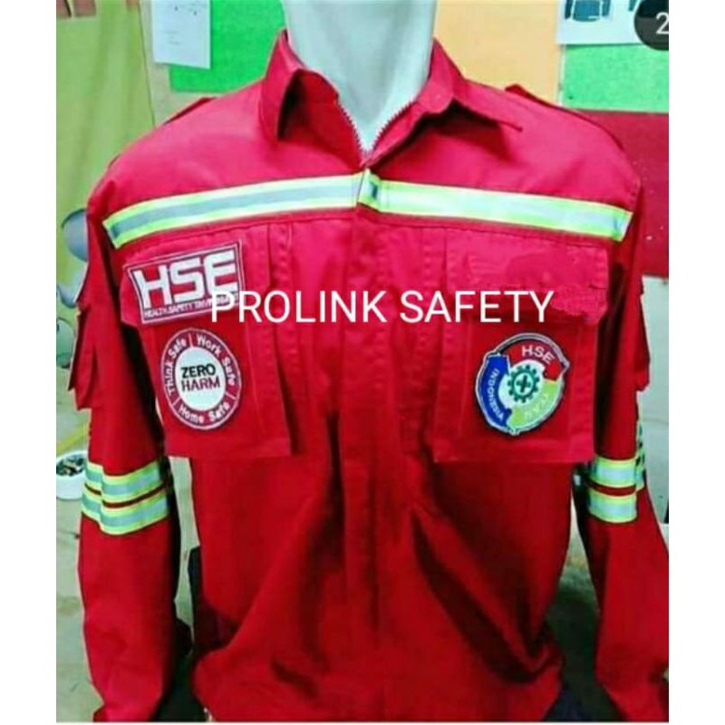 SERAGAM SAFETY HSE MERAH SCOTLIGHT HIJAU 2.5 CM ATRIBUT LENGKAP KANCING