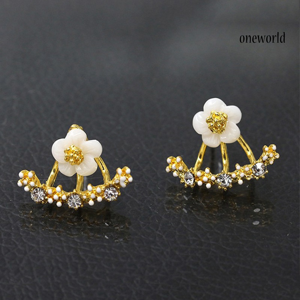 OW@ Women Cute Daisy Shape Rhinestone Inlaid Ear Jacket Earrings Party Jewelry Gift