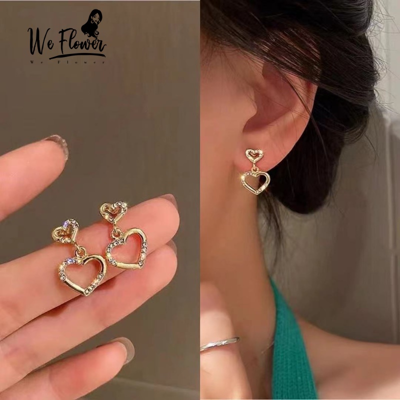 We Flower Anting S925 Silver Bentuk Hati Ganda Aksen Kristal Warna Emas Gaya Vintage Korea Untuk Wanita