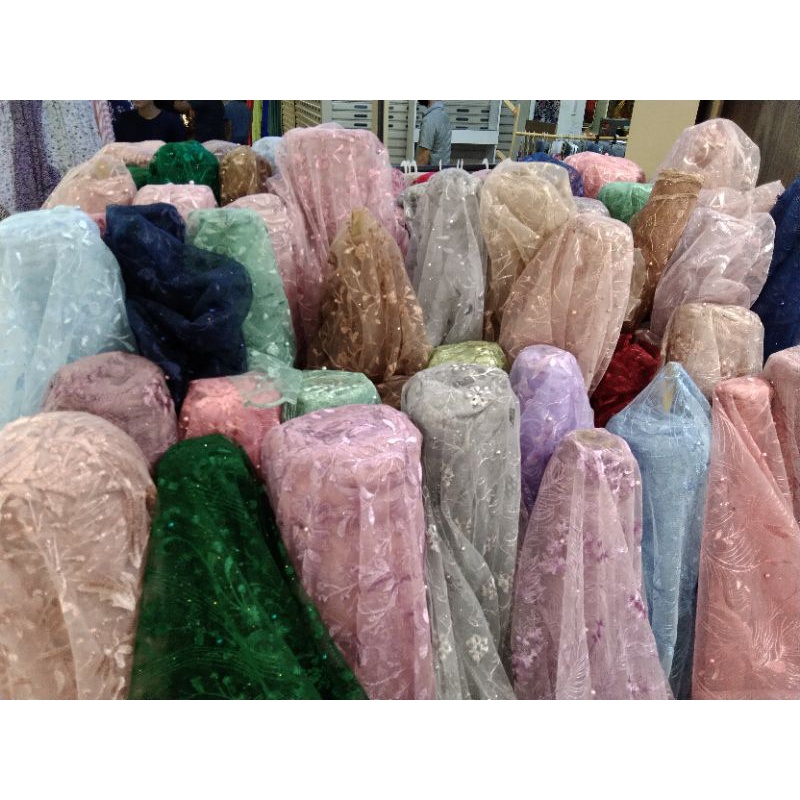 Termurah....! COD KainTile Akar Mutiara Gliter/Tulle Mutiara/Tile Akar Mutiara/Bahan Kebaya