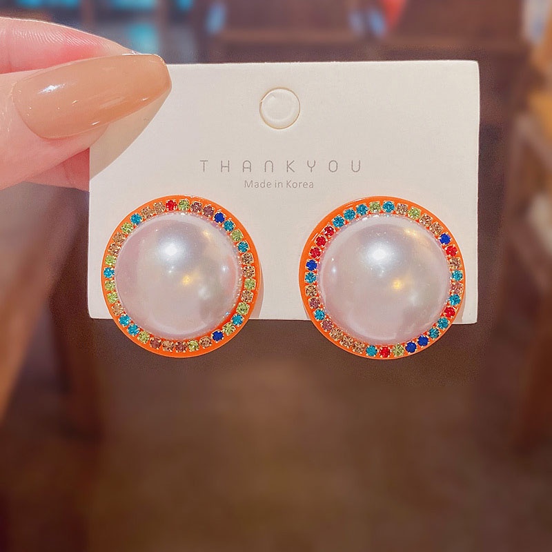 Anting Stud 925 silver needle Bentuk Lingkaran Besar Aksen Mutiara Berlian Imitasi