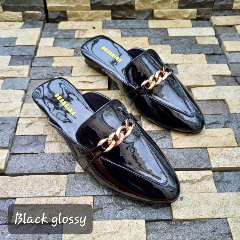 Mules Shabrina Jasmine Black Glossy Sepatu Big Size Jumbo 41-45