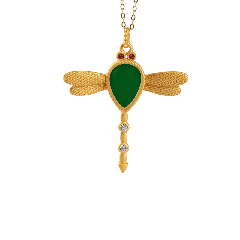 [Ready Stock]Elegant Inlaid Hetian Jade Dragonfly Necklace Chinese Style Retro