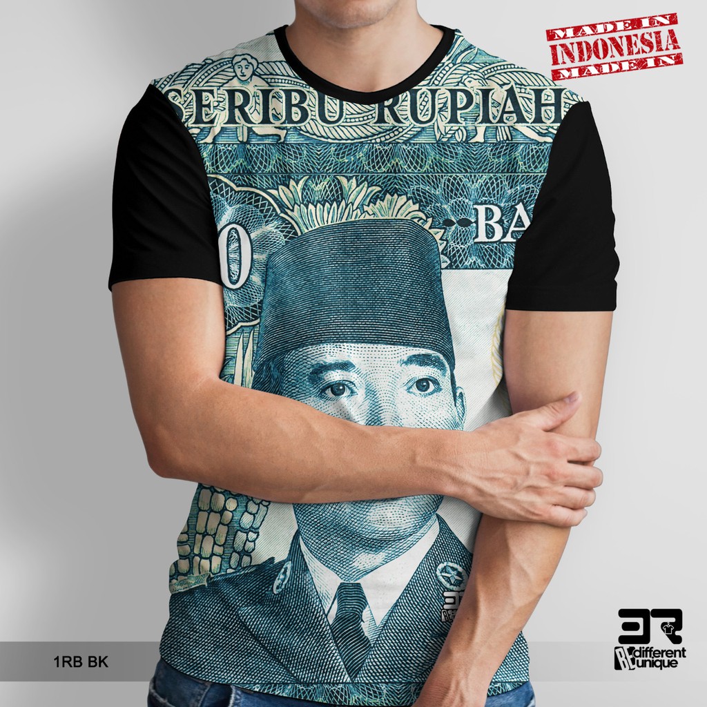 KAOS PRINT 3D DISTRO 3R UNISEX DEWASA & ANAK MATA UANG SERIBU RUPIAH 1K OLD SOEKARNO ( 1RB BK )