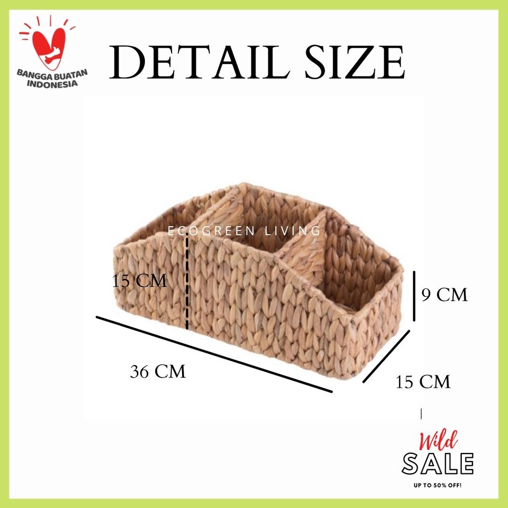 MULTIPURPOSE ORGANIZER  3-SECTION WICKER STORAGE WATER HYACINTH HANDMADE CODE BW-003