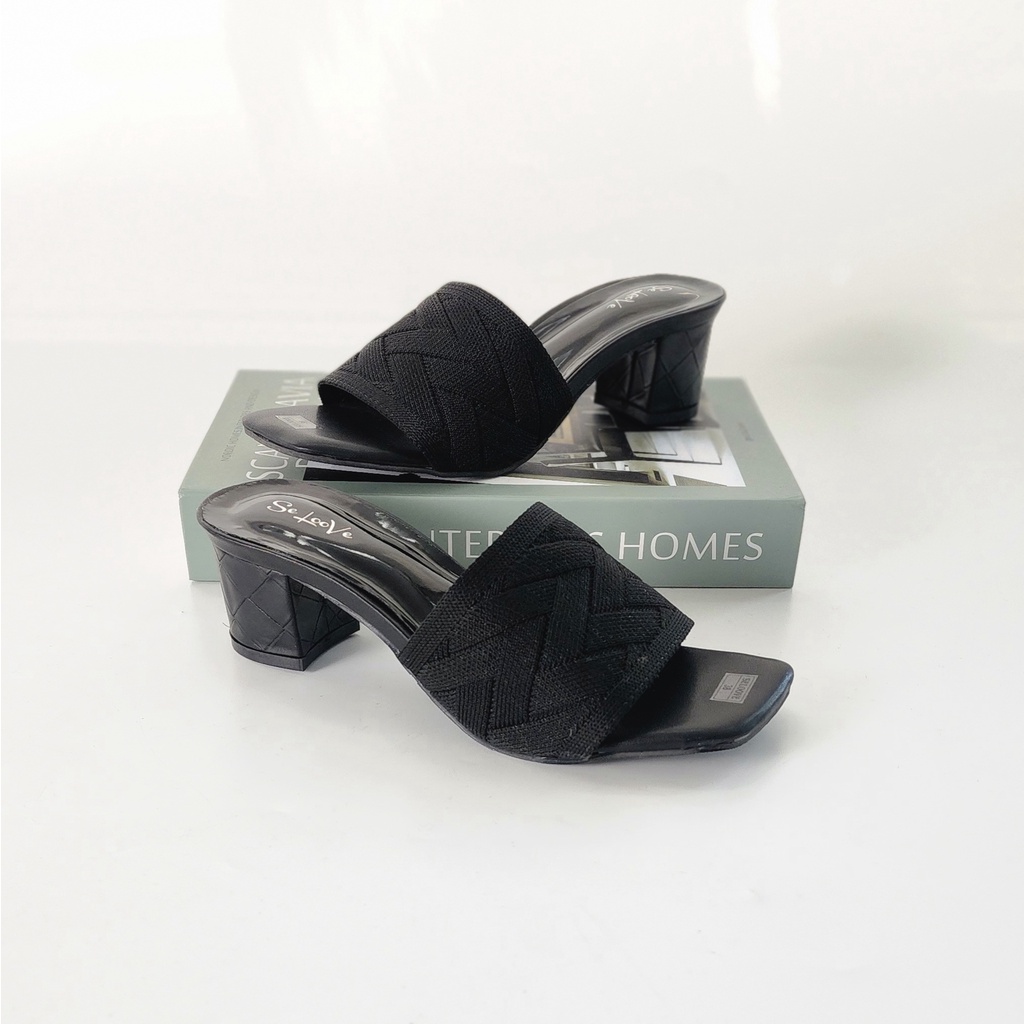 SE LOOVE BlOOM BOX Sandal Heels Wanita / Selop Rajut / Heels 5cm / Selop Heels / Heels Pesta / Heels