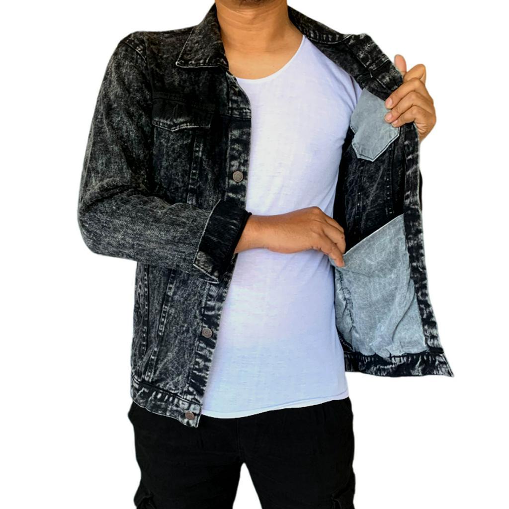 OTHERS JAKET JEANS PRIA BLACKWASH PAKAIAN DENIM DEWASA WARNA SNOWBLACK UKURAN JUMBO SANWASH