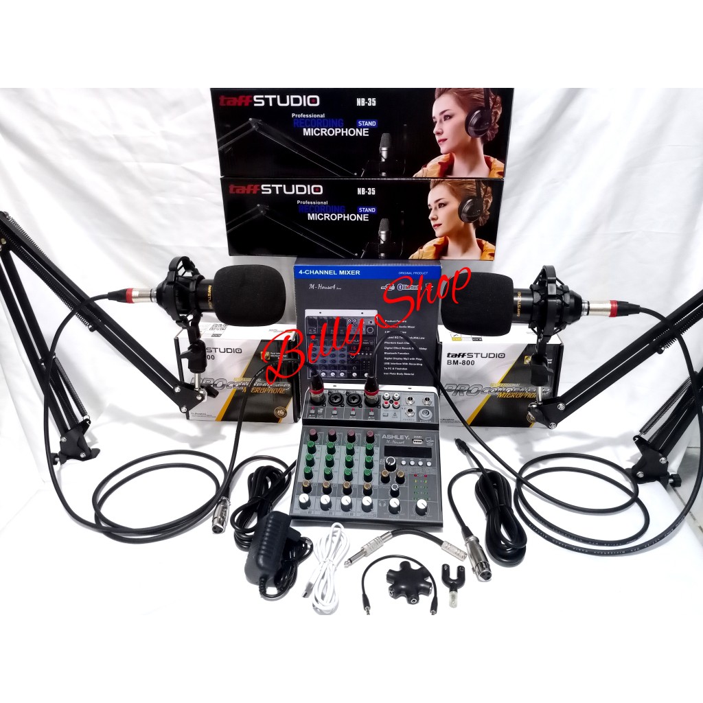 PAKET PODCAST 2 MIC BM 800 MIXER M HOUSE4 (PAKET 2 ORANG) SOUNDCARD STAND MIC JEPIT DAN DUDUK