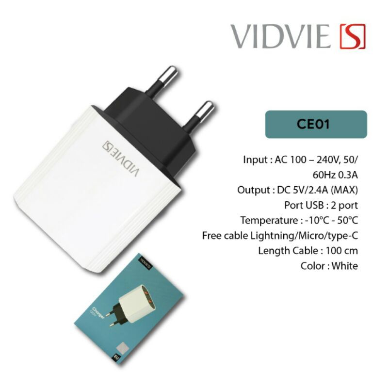 TRAVEL ADAPTER VIDVIE S-CE01 PLUS CABLE IPHONE / MICRO / TYPE C WHITE