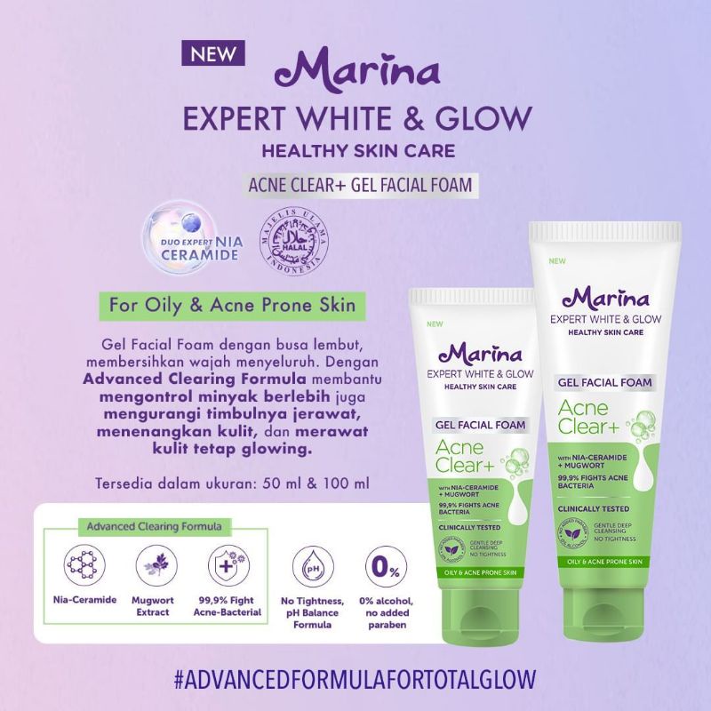 MARINA GEL FACIAL FOAM - EXPERT WHITE AND GLOW - SKIN CLEANSER - BRIGHT BOOSTER - HYDRA LOCK