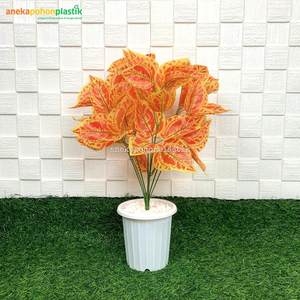 Tanaman Hias Daun Puring Orange Artificial Pot Yogap Putih Plastik Dekorasi Imitasi Ruangan Rumah