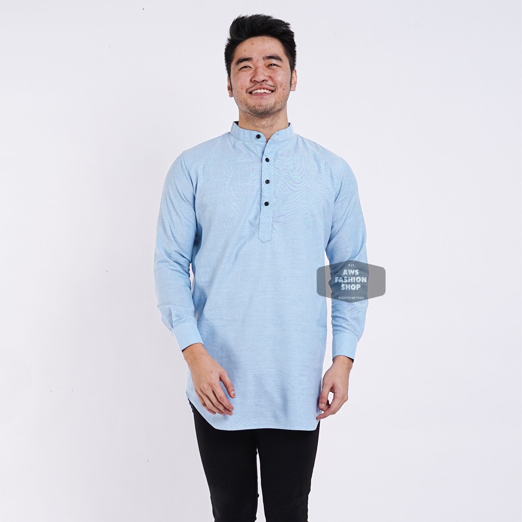 Baju Koko Lengan Panjang Kemeja Kurta Pria Cowok Biru Muda Polos Kerah Shanghai Ada Big Size