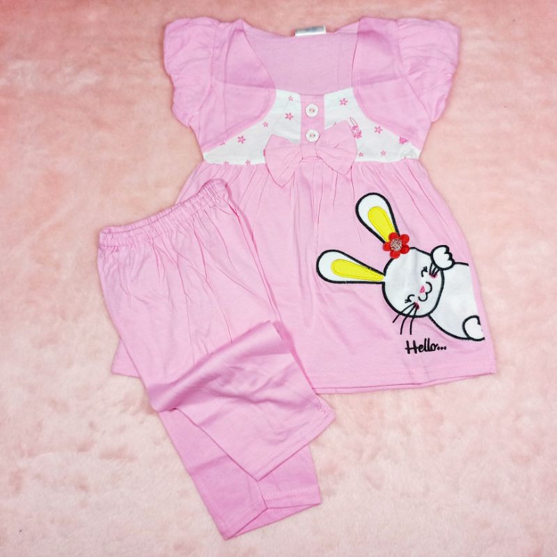 Ss#1015 Setelan Anak Perempuan size 1-2tahun / Baju Anak Cewek / Baju Anak Lucu Gambar Rabbit Hello