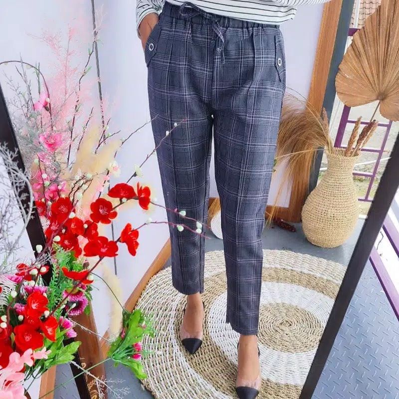 CELANA KOTAK-KOTAK PANJANG WANITA - Tartan Baggy Pants Dewasa Katun Murah