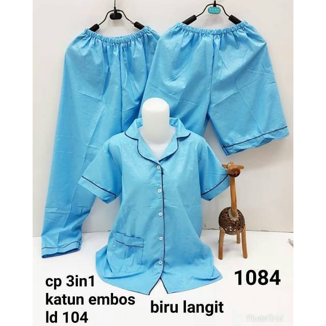 SEASOND IND Piyama/Baju Tidur 3in1 Wanita Dewasa Embos Warna/L Fit to XL ko-Embos Biru Muda