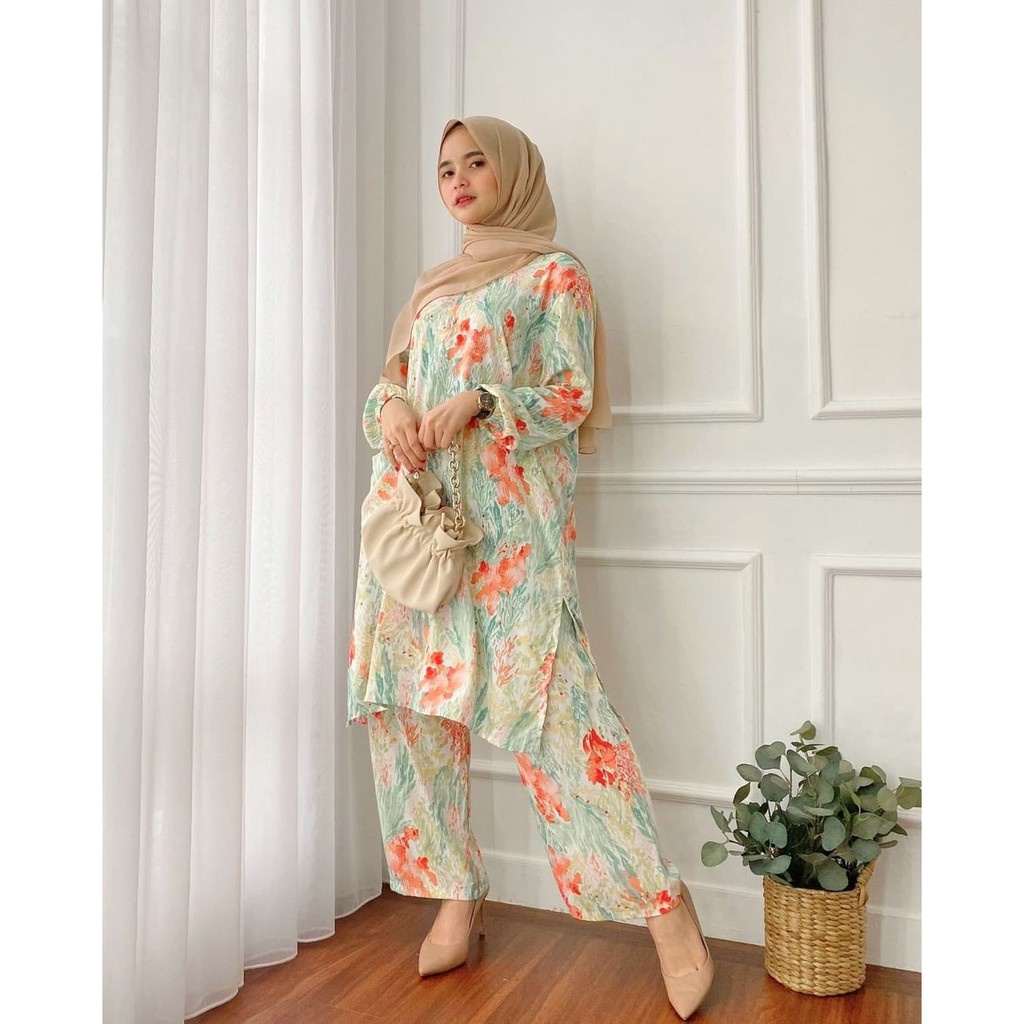 MANDA ONE SET WANITA / SETELAN RAYON DAILY ONE SET BAJU SETELAN PAJIMAS WANITA KEKINIAN-AGATHA LONG SET