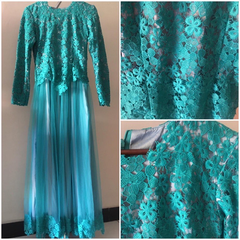 Preloved Long dress party brokat Gaun panjang pesta brokat prada warna tosca (bisa hijabers)