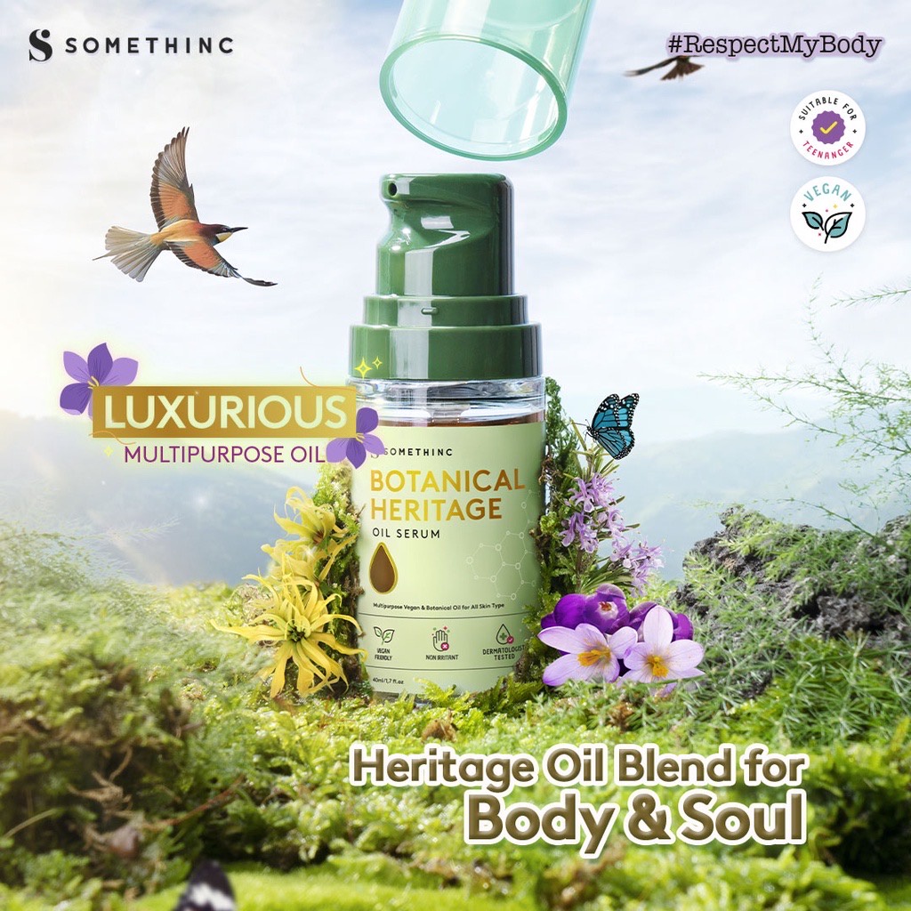 SOMETHINC Botanical Heritage Oil Serum Indonesia / Body Care Skincare Make Up Cleanser Essence Toner Eye Cream Gel Sunscreen Mask Lotion Creme Bust Firming / Foundation Cushion Loose Powder Blush On Concealer Lipstick Lip Tint Gloss Sugar Wax / Paket Set