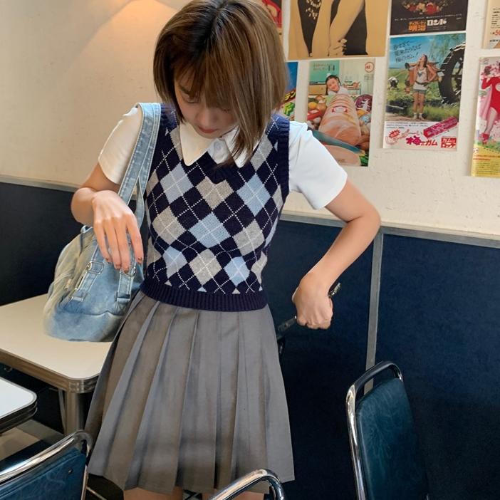 Miliki Tartan Baju Atasan Wanita Korea Crop Rompi/kotak Kotak Tank Top Sweater Rajut Outer ~