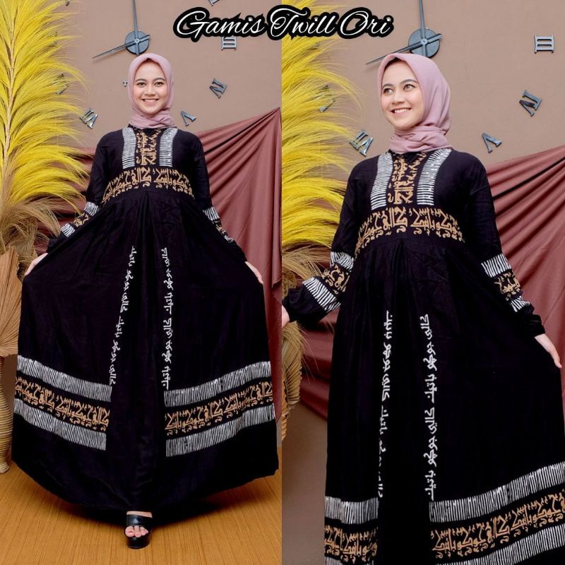 Gamis Twill Ori Pekalongan handmade motif batik aksara Jawa Arab Size M L XL XXL