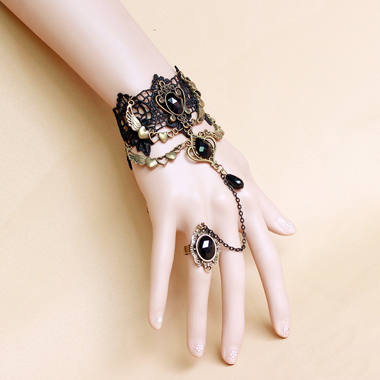 Women Vintage Gothic Bracelet with Ring Chain Stone 8506