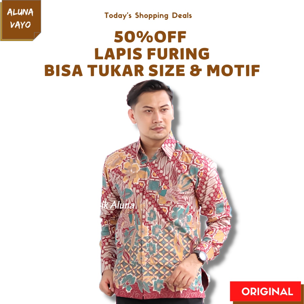 Baju Kemeja Kameja Atasan Hem Pakaian Batik Pria Lengan Panjang Kekinian Set Abu Aluna Ungu Original