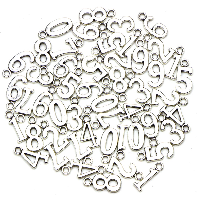 10 / 50pcs Nomor 0-9 Tibet Warna Silver