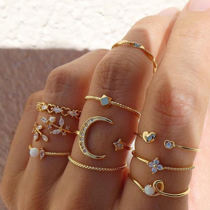 [ACKER] 10 Buah/Set Manis Kristal Daun Bulan Bunga Bintang Hati Pembukaan Fashion Emas Mutiara Imitasi Cincin Set untuk Wanita