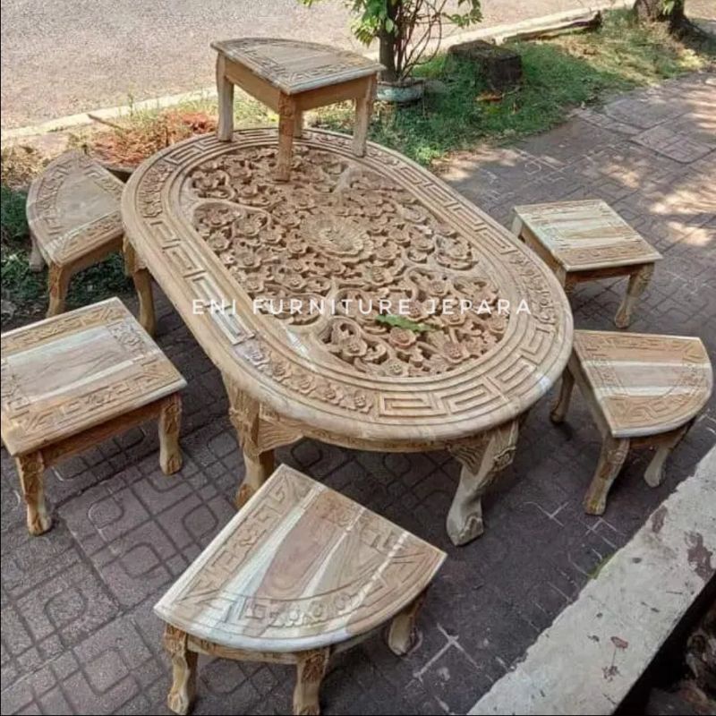 Meja Oshin Oval Jati - Set Meja Osin Jati - Meja Kopi Jati Harga Murah - Meja Tamu Ukir