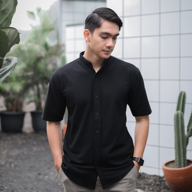 Aidoru Baju Kemeja Kasual Pria Polos Ciangi Lucas Pique Lengan Pendek Kerah Sanghai