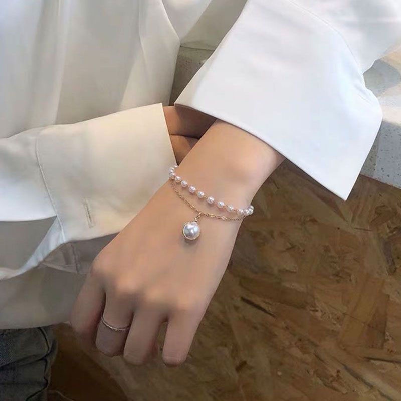 Fashion Korea Wanita Temperamen Manis Gelang Aksesoris Perhiasan Gelang Mutiara Ganda Sederhana -PD