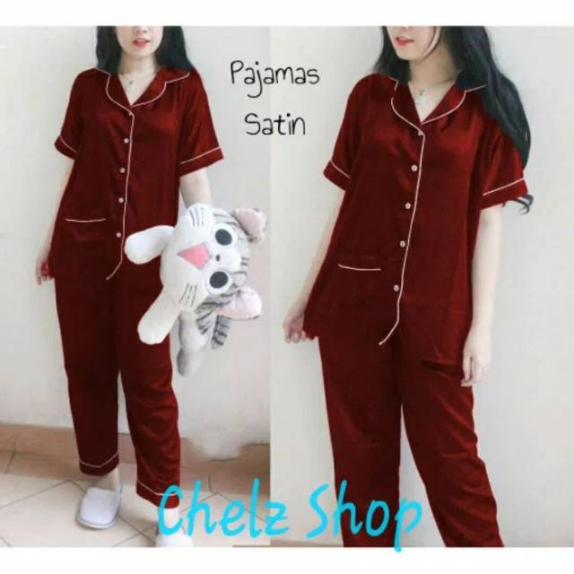 Baju Tidur Piyama Pajamas Wanita/Cewek Satin Silky Velvet Cantik Simple Wanita Dewasa Full Kancing