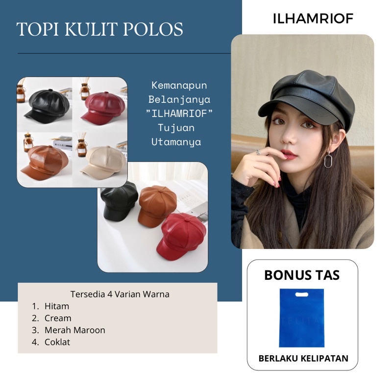 Ilhamriof - Topi Newsboy Cewek Kekinian Polos Bahan Kulit
