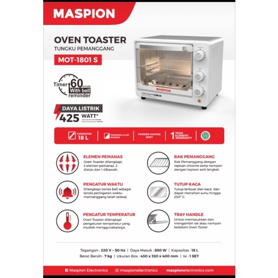 maspion mot-1801 s oven toaster 18liter / oven listrik