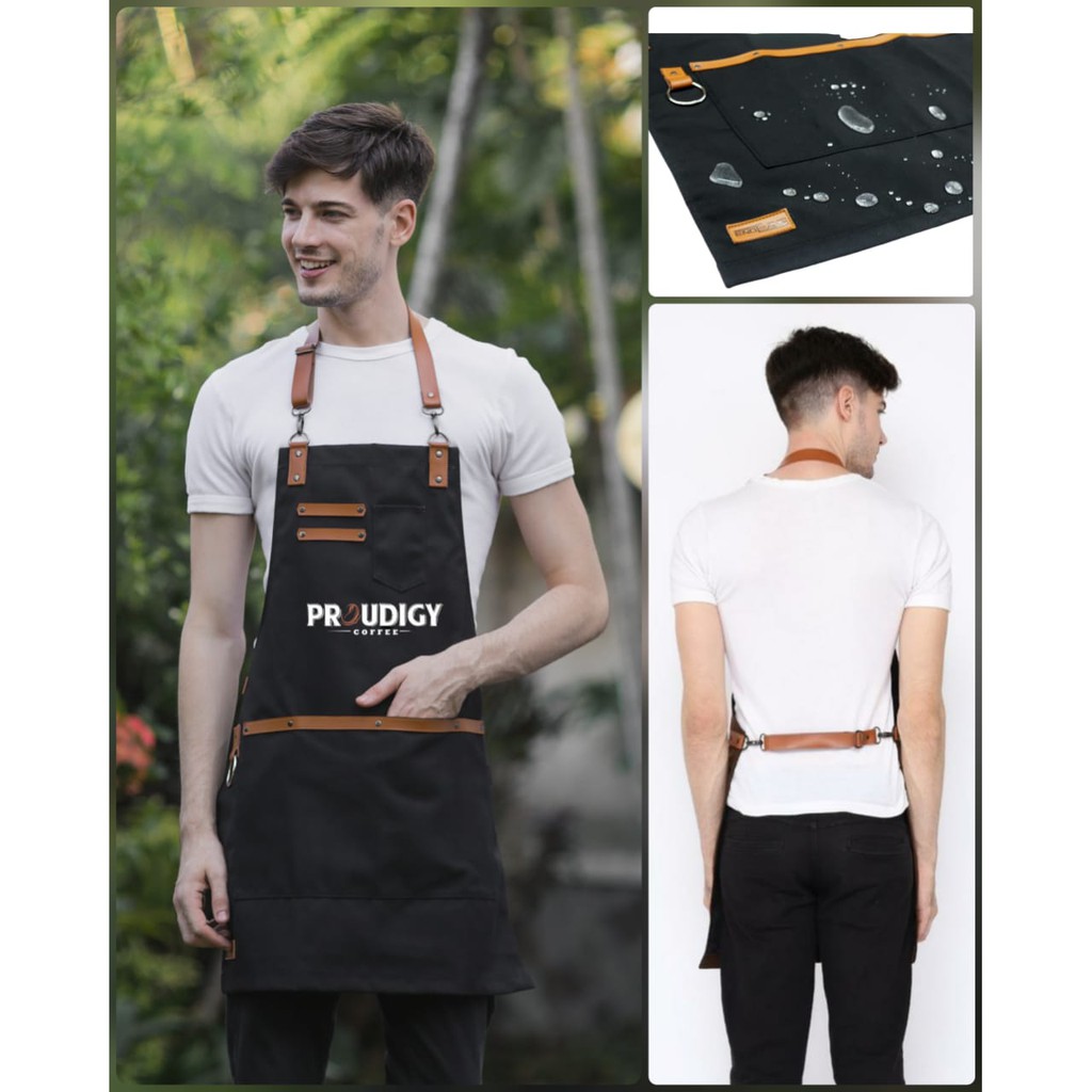 Full apron barista celemek barbershop celemek cafe kanvas PVC Waterproof 100 % &amp; synthetic leather varian warna