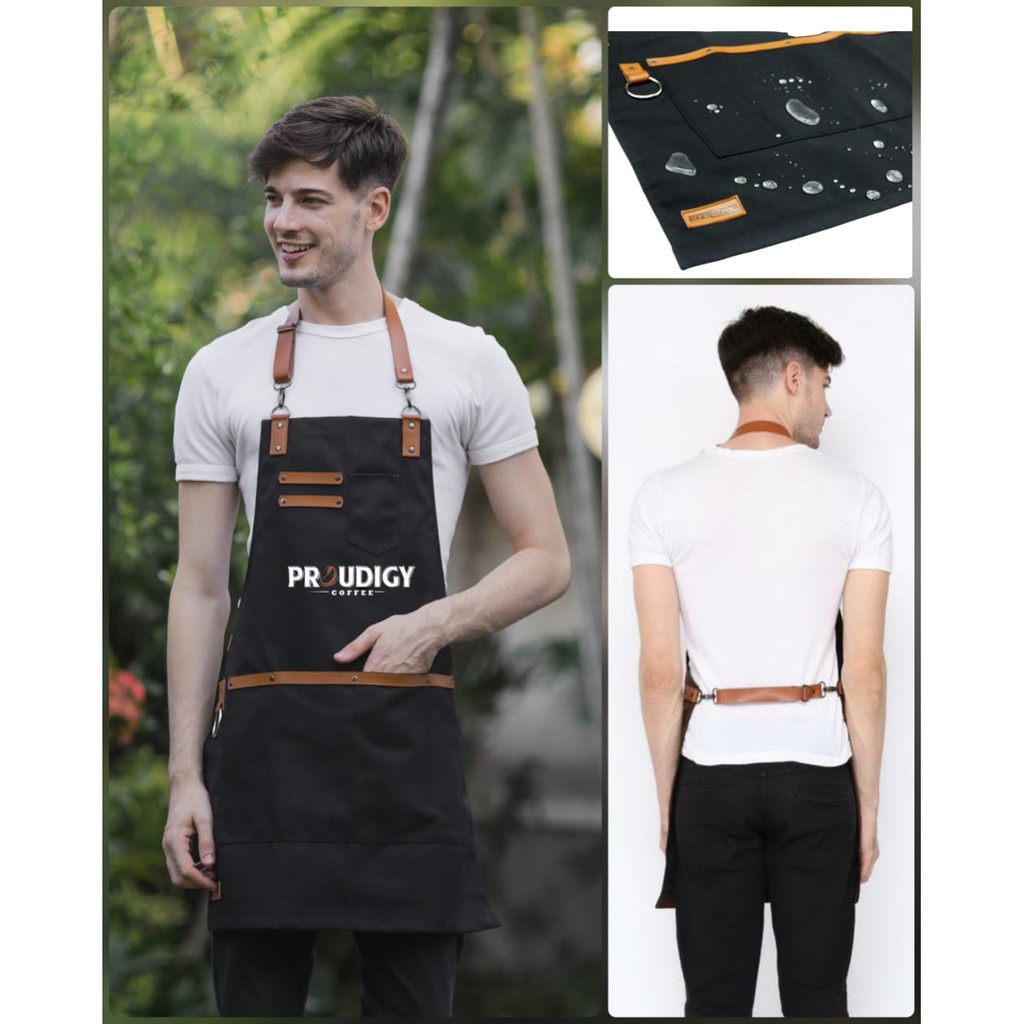 full apron barista celemek cafe apron barbershop kanvas premium pvc waterproof 100 % dan synthetic leather include bordir logo