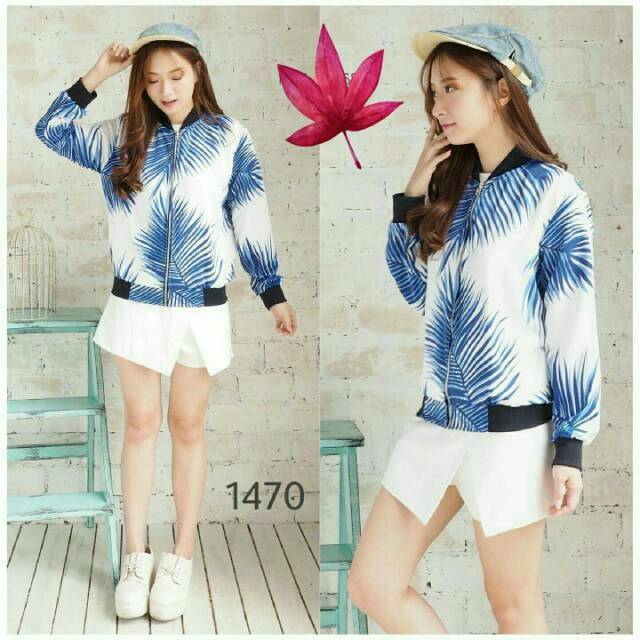 Fashion Jaket Wanita Baju Atasan Bomber Cewek Satin Motif Daun Abstrak Alea