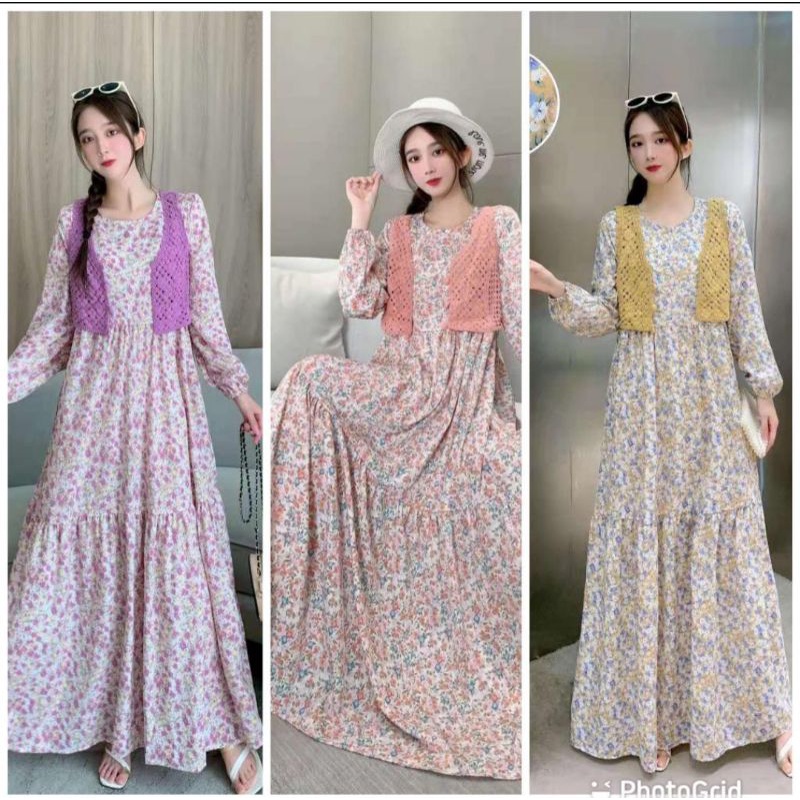 gamis dewasa rompi rajut/gamis motif bunga