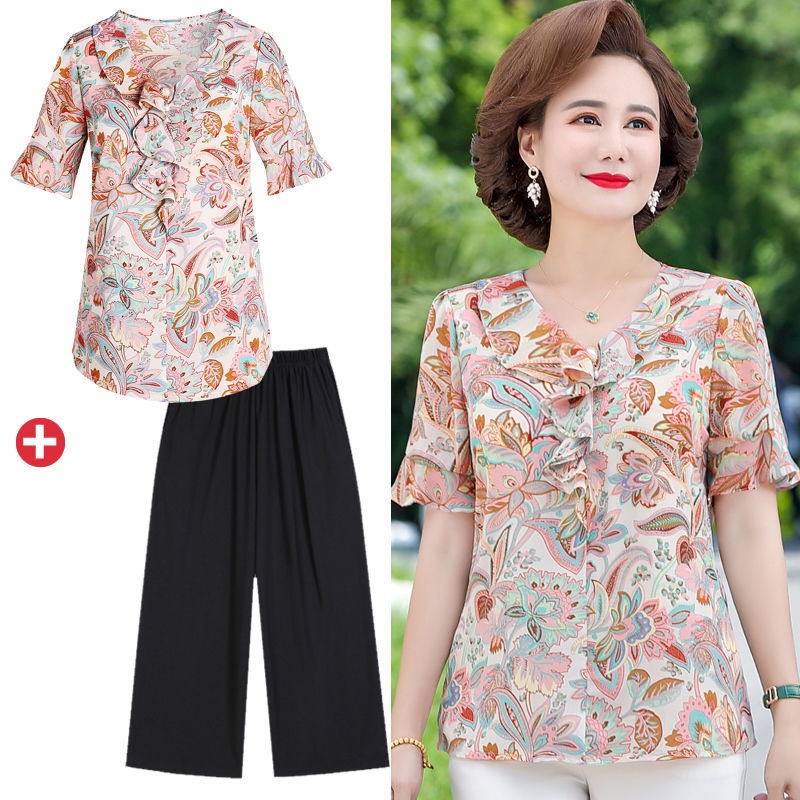 Kemeja sifon lengan pendek ibu paruh baya setelan setengah baya dan paruh baya