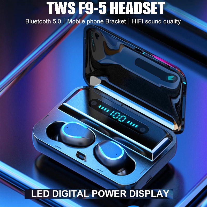 Headset F9-3 Touch TWS Sport Earphone True Wireless LED Touch with Powerbank Charging Dock 2000mAh