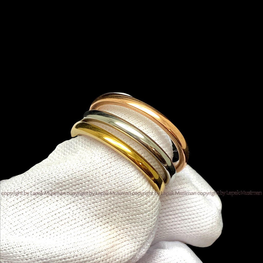 [Bayar di Tempat] Cincin Wanita Titanium Stainless Steel Anti Karat Model Tumpuk 3 Warna