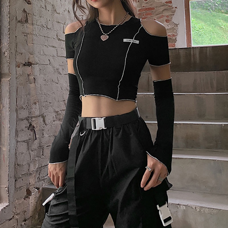 #Sisjuly# Wanita Pendek Hitam Mesh Bottoming Shirt Lengan Panjang Atasan Berongga Off Shoulder T-Shi