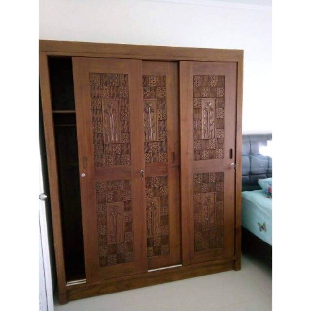 Lemari pakaian pintu 3 sliding geser kayu jati jepara