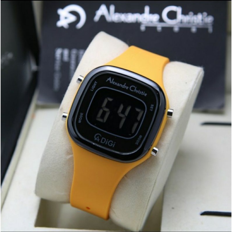 ORIGINAL GARANSI RESMI JAM TANGAN WANITA ALEXANDRE CHRISTIE BLACK YELLOW RUBBER STRAP ARLOJI WATCH C