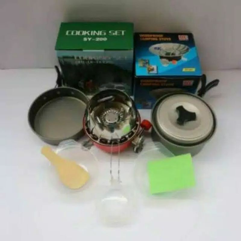 Paket cooking set 2 - 3  orang + kompor portable windproof alat masak camping cooking set ds 200 dan kompor windproof paket alat masak camping cooking set ds 200 dan kompor kotak