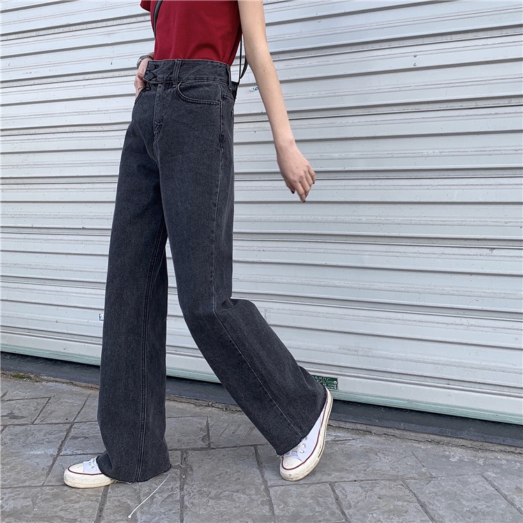 High Waist Jeans Wanita Loose Abu-abu Gelap Korea Style Celana Panjang